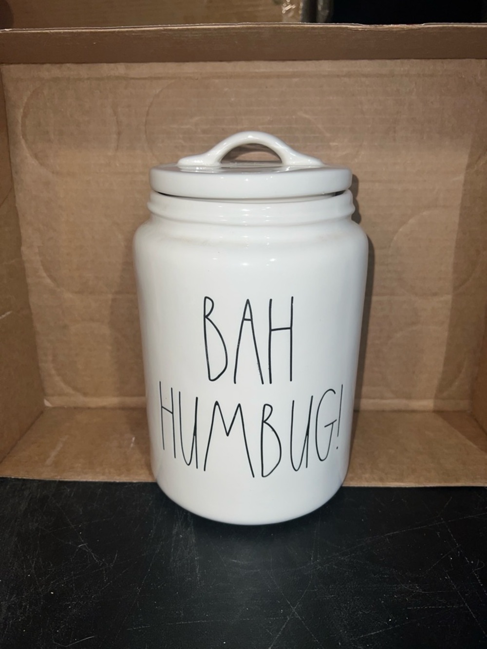 Rae Dunn White Ceramic Canister with 'BAH HUMBUG!' Text